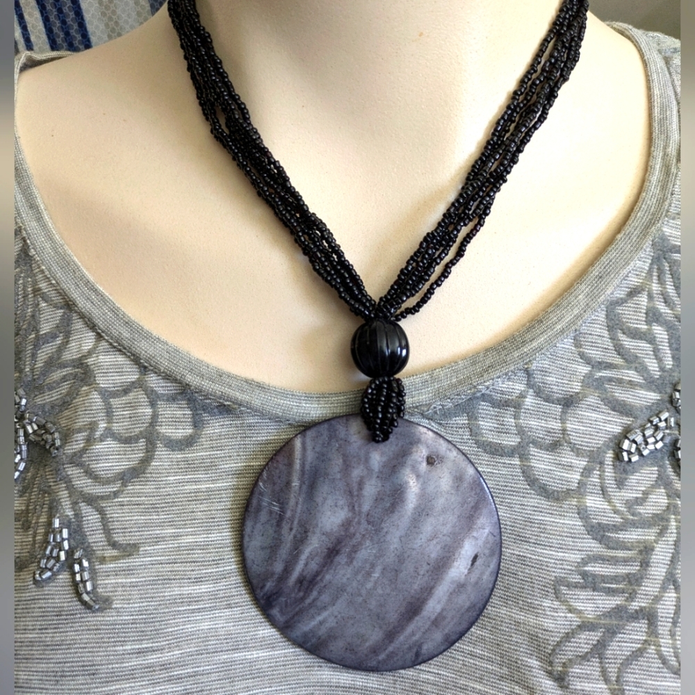 Elegant Black Beaded Multi Strand Necklace with Large Gray Shell Pendant Vintage